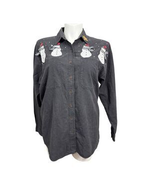 Blue Diamond Vintage Snowman Embroidered Button Down Shirt Black XL 100% Cotton